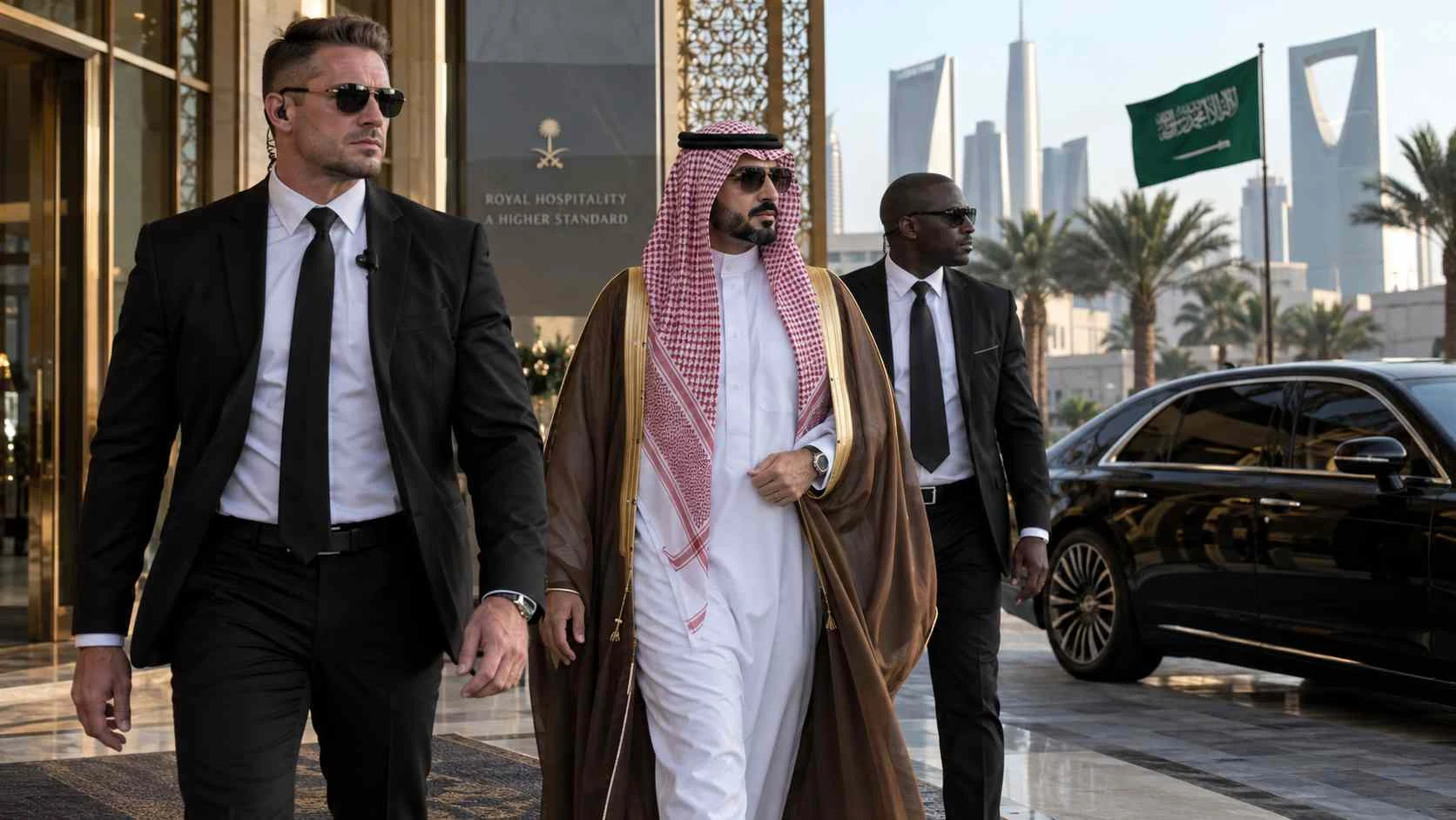 Executive protection team accompanying a private client in Saudi Arabia