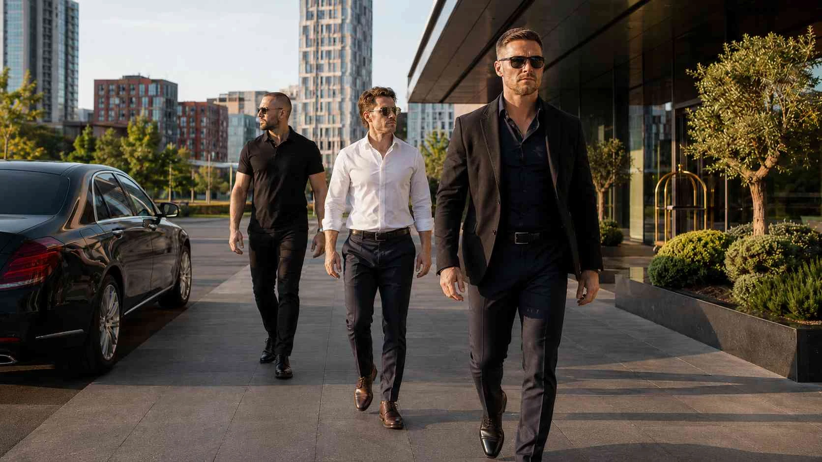 Executive protection officer and secure vehicle supporting a client in Tirana, Albania
