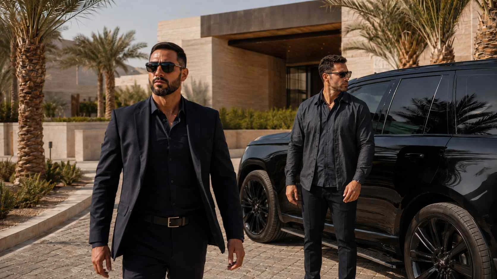 Discreet executive bodyguard team supporting a private client in the United Arab Emirates