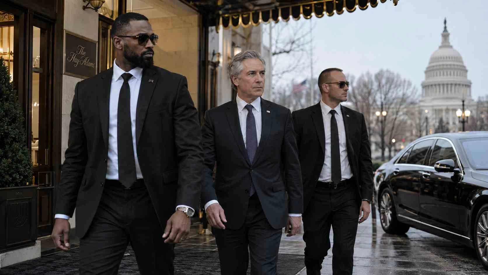 Executive protection bodyguards accompanying a diplomatic or private client in Washington DC