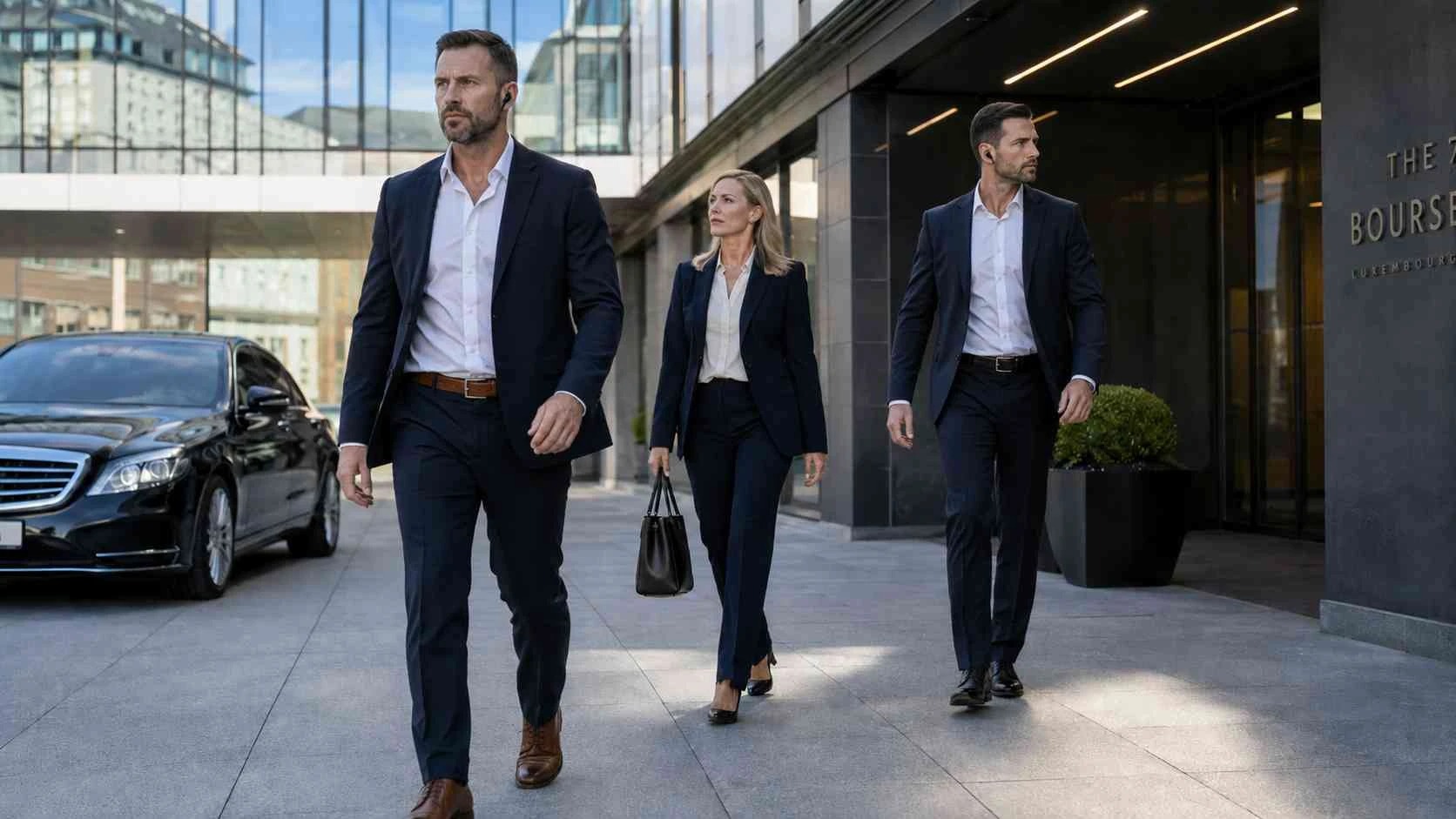 Original illustrated executive protection scene inspired by Luxembourg City, Luxembourg