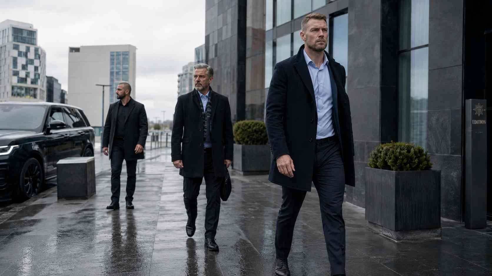 Original illustrated executive protection scene inspired by Reykjavík, Iceland
